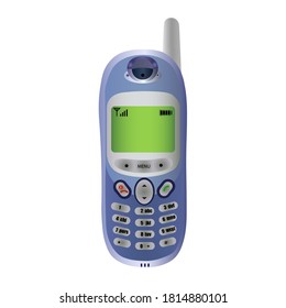 An old-style mobile phone. Blue cell phone with antenna, gray buttons and green display