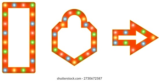 Old-style neon marquee frame lightbox with bright bulb rows presented as PNG isolated on transparent background ideal for cinema nights, musical shows, party flyers and theatrical event designs
