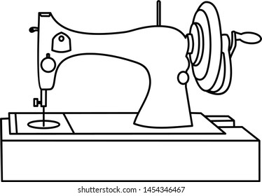 Old-style sewing machine with manual drive icon in outline style