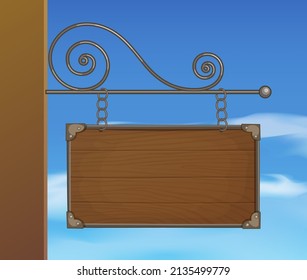 Old-style Street Sign Made Of Dark Wood Vector Illustration On The Blue Sky Background, Mounted To The Wall