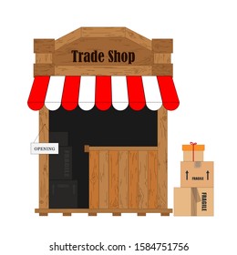 An old-style trading shop with a colored canopy and packed boxes. Opening a trading shop. Neutral background.