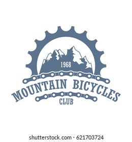 Oldstyle vector logo for bicycle travel company. Extreme mountainbiking association label witt gearwheel and chines