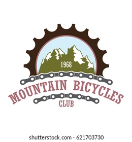 Oldstyle vector logo for bicycle travel company. Extreme mountainbiking association label witt gearwheel and chines