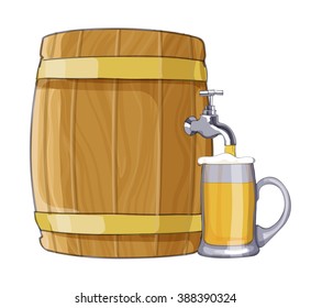 Old-style wooden  beer barrel with a tap and mug