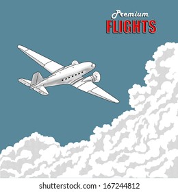 Old-time aircraft flying over clouds, engraving print. Vector illustration.