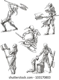 Old-Time Executioner Sketches. Set of black and white vector illustrations.