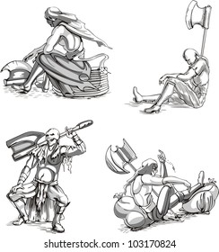 Old-Time Executioner Sketches. Set of black and white vector illustrations.