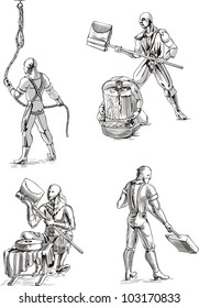 Old-Time Executioner Sketches. Set of black and white vector illustrations.