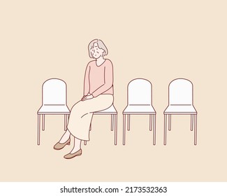 oldwoman sitting in a waiting room. Hand drawn style vector design illustrations.