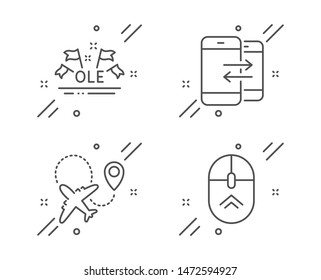 Ole chant, Airplane and Phone communication line icons set. Swipe up sign. Sport championship, Plane, Incoming and outgoing calls. Scrolling page. Business set. Line ole chant outline icon. Vector