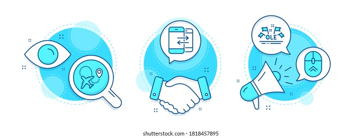 Ole chant, Airplane and Phone communication line icons set. Handshake deal, research and promotion complex icons. Swipe up sign. Sport championship, Plane, Incoming and outgoing calls. Vector