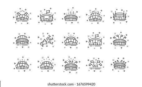 Ole chant, arena football, championship architecture. Sports stadium line icons. Arena stadium, sports competition, event flag icons. Sport complex linear set. Geometric elements. Vector