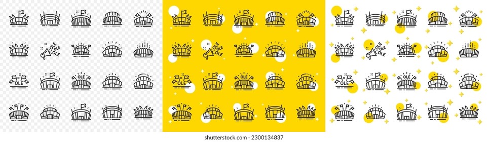 Ole chant, arena football, championship architecture. Sports stadium line icons. Arena stadium, sports competition, event flag icons. Sport complex, megaphone or loudspeaker. Vector