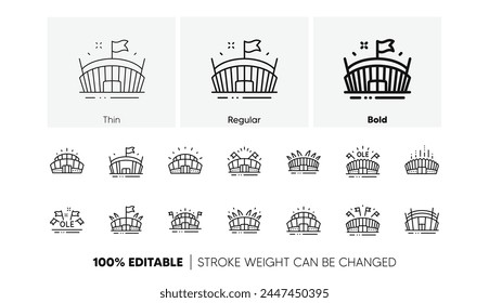 Ole chant, arena football, championship architecture. Sports stadium line icons. Arena stadium, sports competition, event flag icons. Sport complex linear set. Line icons set. Vector