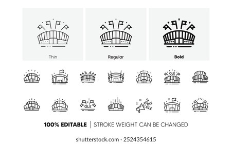 Ole chant, arena de futebol, arquitetura de campeonato. Ícones da linha do estádio de esportes. Estádio Arena, competição esportiva, ícones da bandeira do evento. Esporte complexo conjunto linear. Conjunto de ícones de linha. Vetor