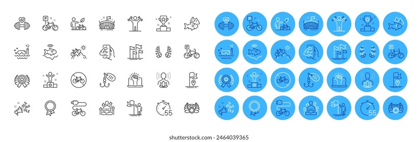 Ole chant, Dumbbells workout and Fitness line icons pack. Flag, Electric bike, Leadership web icon. Empower, Timer, Bicycle prohibited pictogram. Bike, Yoga, Success. Bicycle parking. Vector