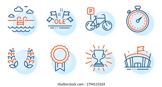 Ole chant, Laurel wreath and Swimming pool signs. Timer, Trophy and Bicycle parking line icons set. Reward, Arena symbols. Stopwatch gadget, Winner cup. Sports set. Outline icons set. Vector