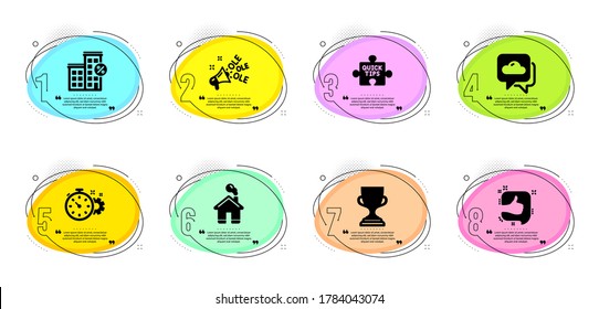 Ole chant, Loan house and Award cup signs. Timeline infographic. Weather forecast, Quick tips and Like line icons set. Home, Cogwheel timer symbols. Cloudy, Tutorials. Business set. Vector