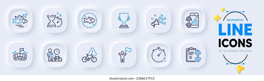 Ole chant, Timer and Bike attention line icons for web app. Pack of Arena, Fish school, Fitness app pictogram icons. Bike courier, Leadership, Hourglass timer signs. Dumbbell, Award cup. Vector