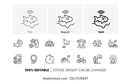 Ícones de linha de aplicativo Ole chant, Timer e Fitness. Pacote de peixes, estacionamento de bicicleta, ícone de Yoga. Bandeira, sino, pictograma do Fishfinder. Mountain bike, sucesso, liderança. Bicicleta ecológica, Música de Yoga. Vetor