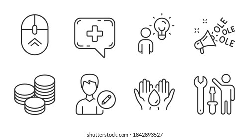 Ole chant, Tips and Medical chat line icons set. Repairman, Safe water and Swipe up signs. Group people, Edit person symbols. Megaphone, Cash coins, Medicine help. Business set. Vector