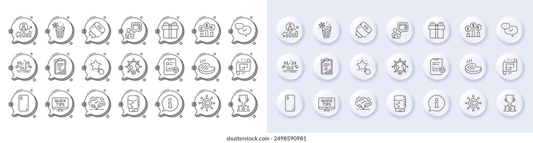 Ole chant, Wallet and Water cooler line icons. White pin 3d buttons, chat bubbles icons. Pack of Co2 gas, Winner cup, Currency rate icon. Vector