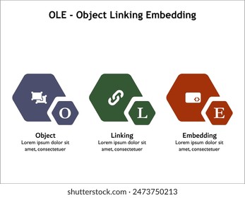 OLE - Object Linking Embedding Acronym. Infographic template with icons and description placeholder