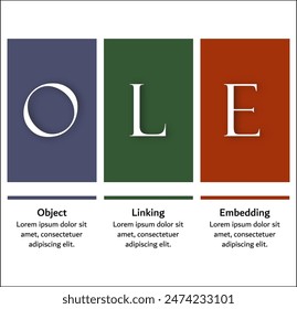 OLE - Object Linking Embedding Acronym. Infographic template with icons and description placeholder