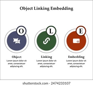 OLE - Object Linking Embedding Acronym. Infographic template with icons and description placeholder