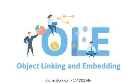 OLE, Object Linking and Embedding. Concept with people, keywords and icons. Colored flat vector illustration. Isolated on white background.