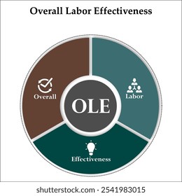 OLE - Acrônimo geral de Labour Effectiveness (Eficácia geral do trabalho). Modelo de infográfico com ícones e espaço reservado para descrição