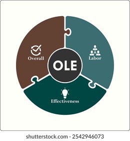 OLE - Acrônimo geral de Labour Effectiveness (Eficácia geral do trabalho). Modelo de infográfico com ícones e espaço reservado para descrição