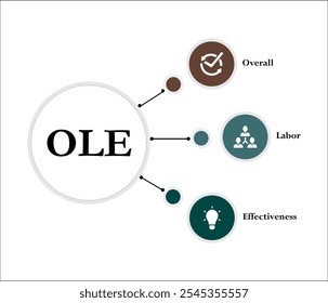 OLE - Acrônimo geral de Labour Effectiveness (Eficácia geral do trabalho). Modelo de infográfico com ícones e espaço reservado para descrição