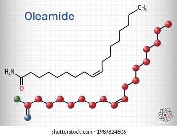 Oleamid-Molekül. Es ist Fettsamid aus Ölsäure. Strukturchemische Formel und Molekül-Modell. Blatt Papier in einem Käfig. Vektorgrafik