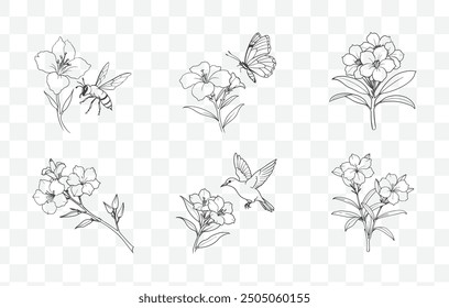 Oleander Flower Botanical Line Art Vector Set Illustrations of Elegant Floral Designs for Nature Inspired Projects