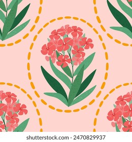 Oleander flower vector seamless pattern. Hand drawn blooming Nerium flower with leaves in oval shapes on pink background. Modern textured floral repeat design for stationery, fabrics, wallpaper