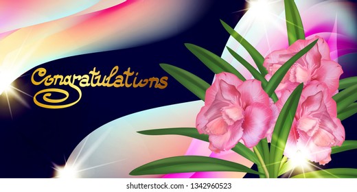 Oleander flowers on a decorative greeting card. Summer price, big discount, cosmetics label, invitations, background for holidays: mother's Day, March 8, birthday, wedding, party,