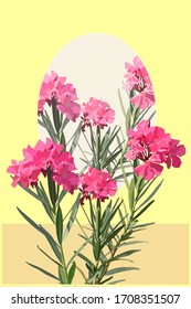Oleander (Nerium) flowers on bright yellow wall and reflect on the mirror, Sunny day nostalgic feeling background design