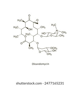 Oleandomycin flat skeletal molecular structure Macrolide antibiotic drug used in bacterial infection treatment. Vector illustration scientific diagram.