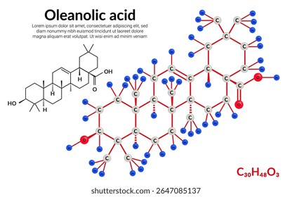 Oleanolic or oleanic acid, molecular structure formula, ball-and-stick model, suitable for education or chemistry science content. Vector illustration