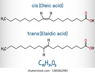 Oleic acid (cis ) and elaidic acid (trans), omega-9 fatty acids are geometric isomers. Structural chemical formula. Vector illustration