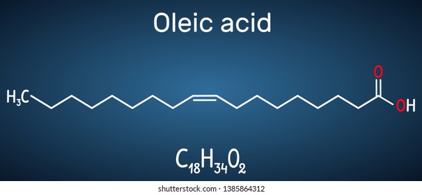 Oleic acid ( cis, omega-9) molecule. Structural chemical formula and molecule model on the dark blue background. Vector illustration 