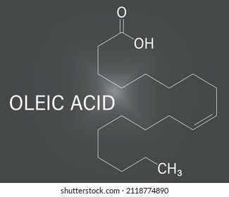 Oleic acid or omega-9, cis, fatty acid. Common in animal fats and vegetable oils. Its salt, sodium oleate, is often used in soap. Skeletal formula.