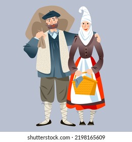 Olentzero and Mari Domingi. The mythic winter figures in Basque country and Navarre. Spanish (Basque) Christmas Tradition. Vector illustration

