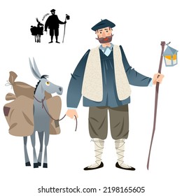 Olentzero (the mythic winter figure in Basque country and Navarre) and a little donkey loaded with gifts. Spanish (Basque) Christmas Tradition. Vector illustration

