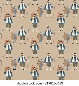 Olentzero (the mythic winter figure in Basque country and Navarre) and a little donkey loaded with gifts. Spanish (Basque) Christmas Tradition. Seamless background pattern. Vector illustration

