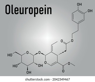 Oleuropein olive component molecule. In part responsible for pungency of virgin olive oil, may have beneficial properties. Skeletal formula.