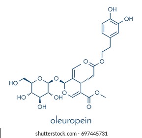 Oleuropein olive component molecule. In part responsible for pungency of virgin olive oil, may have beneficial properties. Skeletal formula.