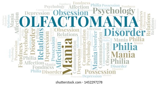 Olfactomania word cloud. Type of mania, made with text only.