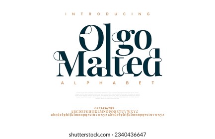 Olgomalted premium luxury elegant alphabet letters and numbers. Elegant wedding typography classic serif font decorative vintage retro. Creative vector illustration